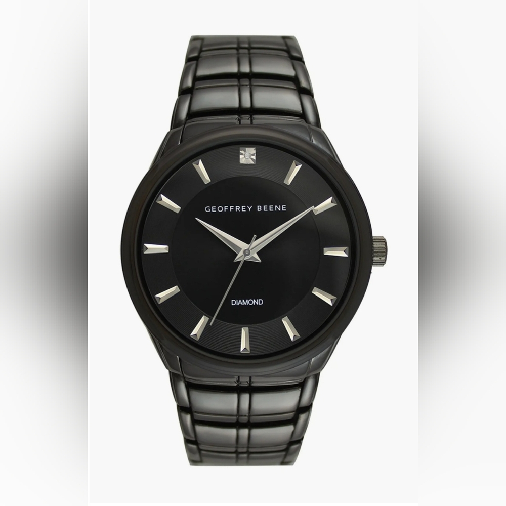 Geoffrey Beene Men's Black Slim Diamond Dial Bracelet Watch